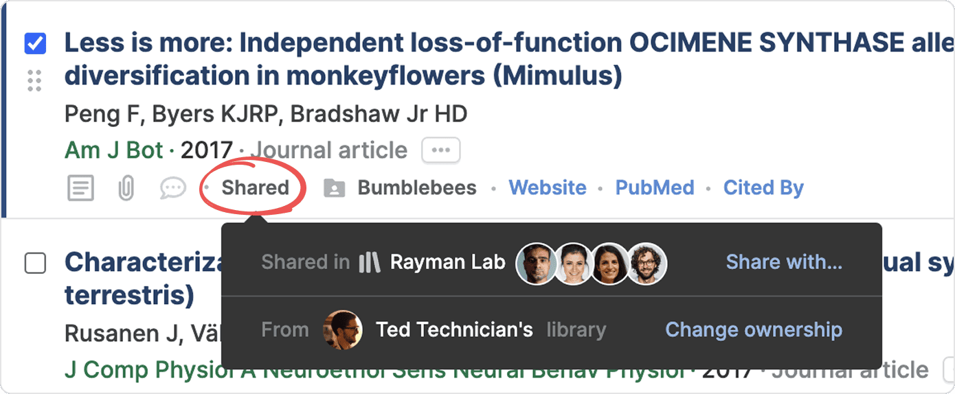 A reference in a shared library with the circled Shared button open, showing “Shared in Rayman Lab” with member avatars and a “Share with…” link, and “From Ted Technician’s library” with a “Change ownership” link.